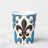 Blaue schwarze barocke Fleur-de-lis-Musterdesign Pappbecher (Rechts)