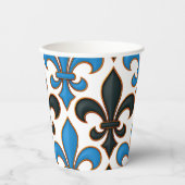 Blaue schwarze barocke Fleur-de-lis-Musterdesign Pappbecher (Vorderseite)
