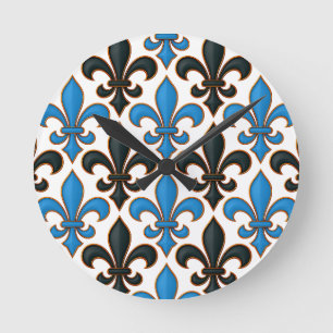 Blaue schwarze barocke Fleur-de-lis-Musterdesign Runde Wanduhr