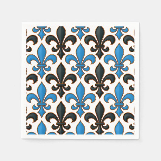 Blaue schwarze barocke Fleur-de-lis-Musterdesign Serviette (Vorderseite)
