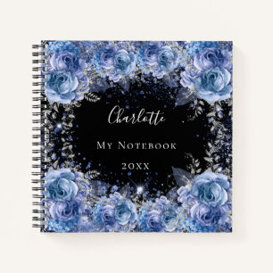 Blaue schwarze Blume Glitzer Name glamourös Notizblock
