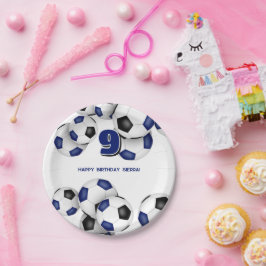 Blaue schwarze Fußballbälle Kindergeburtstag Party Pappteller