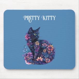 Blaue schwarze Katzenblumen hübsche Katze Mousepad
