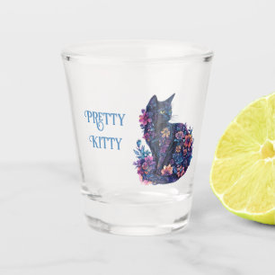 Blaue schwarze Katzenblumen hübsche Katze Schnapsglas