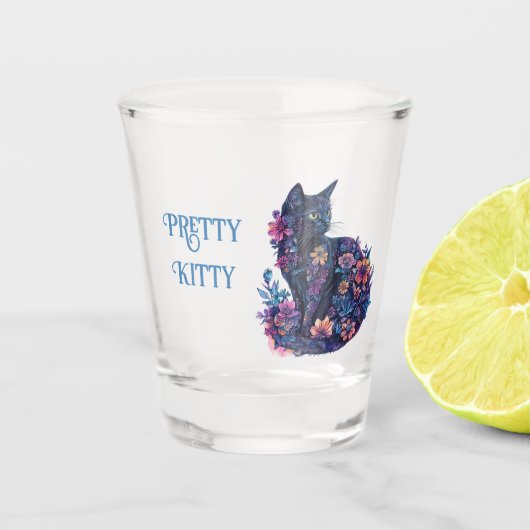 Blaue schwarze Katzenblumen hübsche Katze Schnapsglas (Vorderseite)