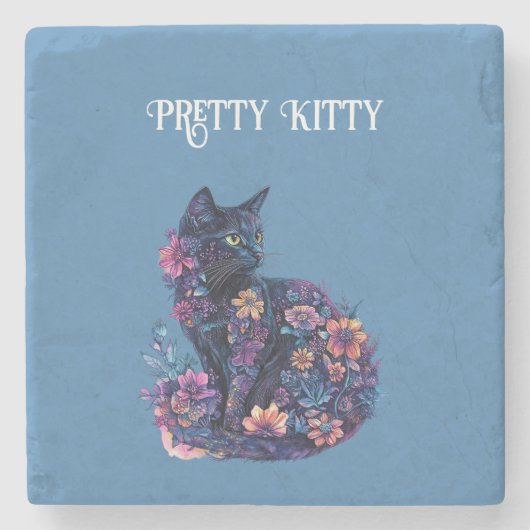 Blaue schwarze Katzenblumen hübsche Katze Steinuntersetzer (Vorderseite)