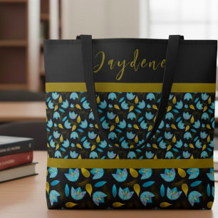 Blaue schwarze moderne benutzerdefinierte Blumenmu Tasche