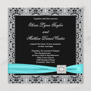 Blaue schwarze silberne Spitze elegante Hochzeit Einladung