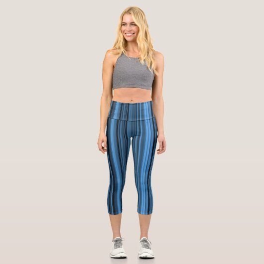 Blaue schwarze Streifen Capri Leggings (Vorderseite)