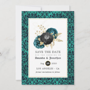 Blaue, schwarze und goldene florale gotische Hochz Save The Date