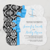 Blaue schwarze und weiße Damasken Hochzeit Einladung (Vorne/Hinten)