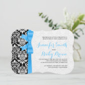 Blaue schwarze und weiße Damasken Hochzeit Einladung (Stehend Vorderseite)