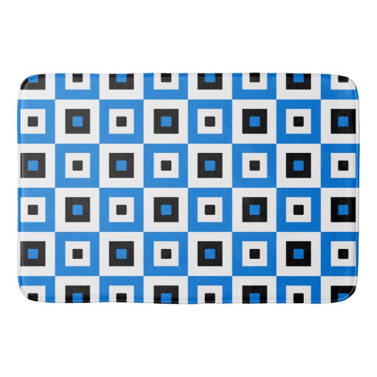 Blaue schwarze und weiße karierte Quadrate Muster Badematte (Vorderseite)