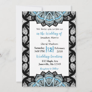 Blaue, schwarze und weiße Mandala-Hochzeitseinladu Einladung