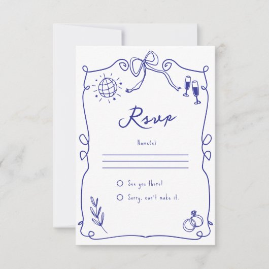 Blaue, schwindelerregende Whimsical-Quirky-Hand-Ho RSVP Karte (Vorderseite)