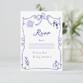 Blaue, schwindelerregende Whimsical-Quirky-Hand-Ho RSVP Karte (Stehend Vorderseite)