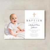 Blaue Script Cross Boy Foto Taufe Einladung