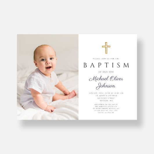Blaue Script Cross Boy Foto Taufe Einladung