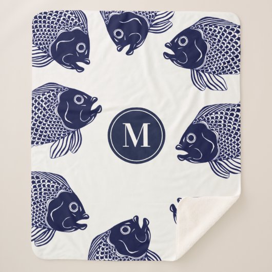 Blaue Seefischköpfe der Marine | Monogramm Sherpadecke (Vorderseite)