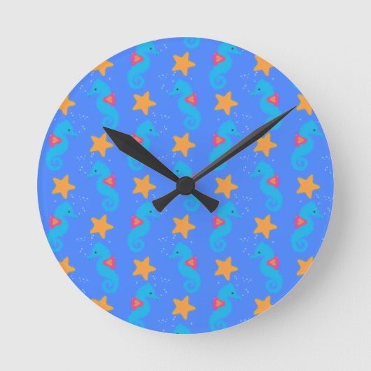 Blaue Seepferde und Starfish Muster Runde Wanduhr (Vorderseite)