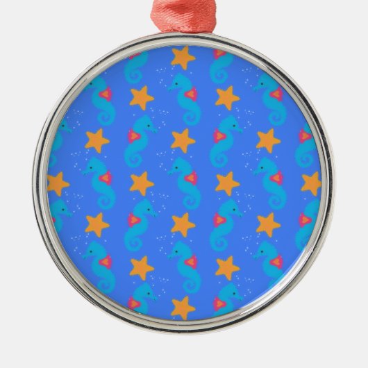 Blaue Seepferde und Starfish Muster Silbernes Ornament (Vorne)