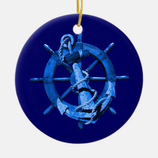 Blaue Seeschiffe Rad und Anker Keramikornament (Vorne)