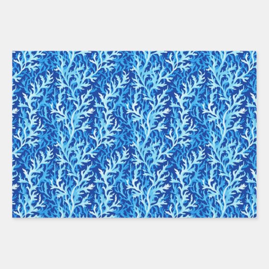 Blaue Seetang Küstenlinie Textile Muster Geschenkpapier Set (Vorderseite)