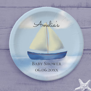 Blaue Segelboot-Persönliche Babyparty Pappteller