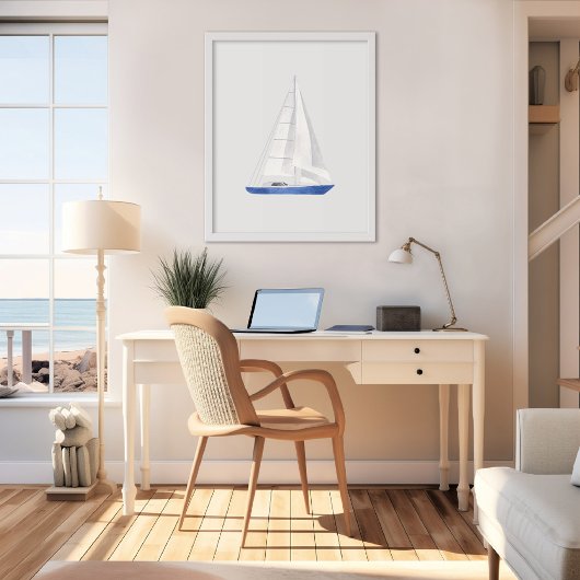 Blaue Segelboot-Wasserfarbenkunst Poster