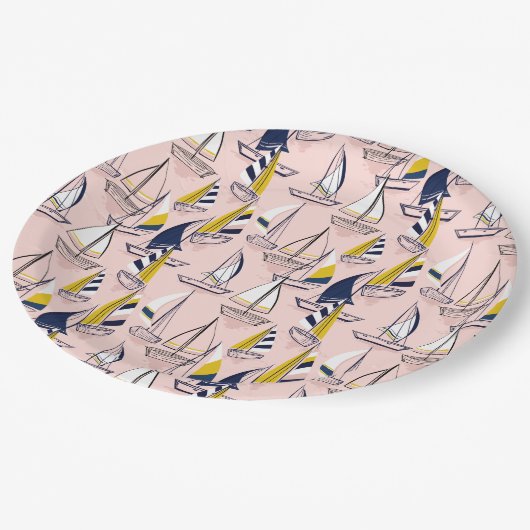 Blaue Segelboote Pappteller (Schrägansicht)