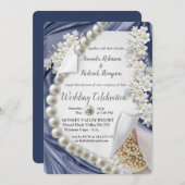 Blaue Seide & Elfenbeinperlen Hochzeit Einladung (Vorne/Hinten)
