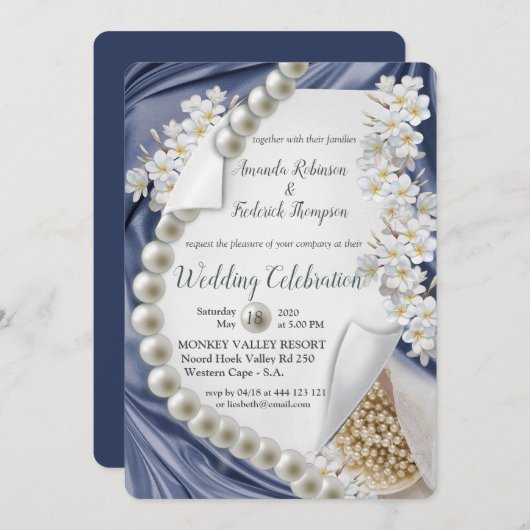 Blaue Seide & Elfenbeinperlen Hochzeit Einladung (Vorne/Hinten)