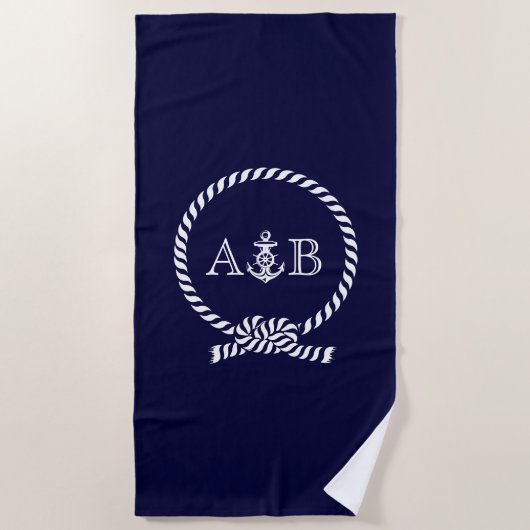 Blaue Seile und Anker Mit Monogramm Strandtuch (Vorderseite)