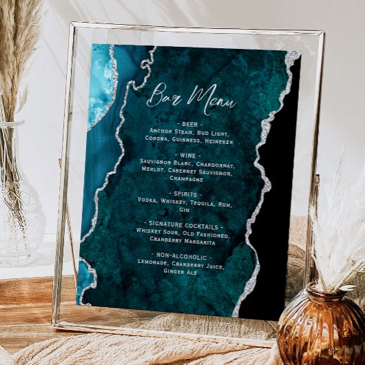 Blaue Silber-Achat-Schrift Hochzeitsbar-Menü Poster