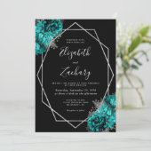 Blaue Silber Blumen Hochzeit in Schwarz Einladung (Stehend Vorderseite)