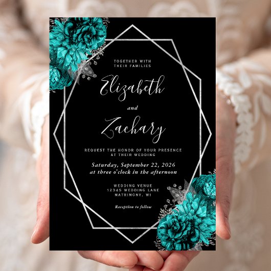 Blaue Silber Blumen Hochzeit in Schwarz Einladung