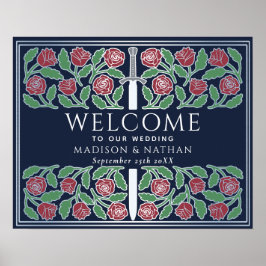 Blaue Silber Blumen Königliche Hochzeits Begrüßung Poster