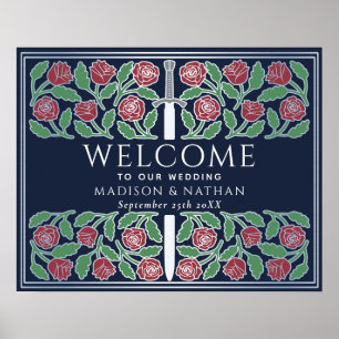 Blaue Silber Blumen Königliche Hochzeits Begrüßung Poster