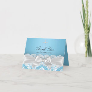 Blaue Silber-Damask & Schleife Taufe Dankeschön-Ka Dankeskarte