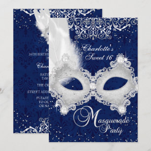Blaue Silber-Damaskus-Maske Masquerade Sweet 16 Ei Einladung