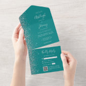 Blaue Silber-Glitter-QR-Code-Hochzeit All In One Einladung (Abreißen)