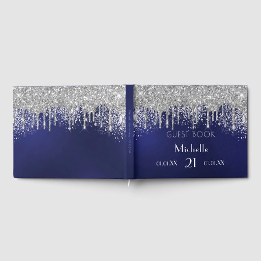 Blaue Silber-Glitzer-Monogramm Gästebuch (Voll)