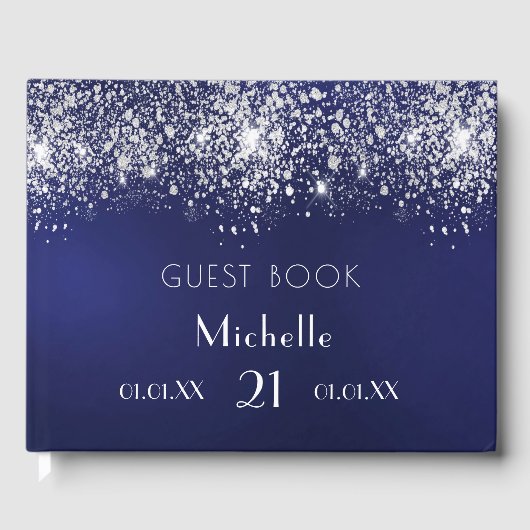 Blaue Silber-Glitzer-Monogramm Gästebuch (Vorderseite)