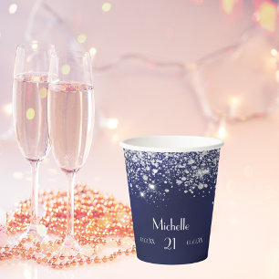 Blaue Silber-Glitzer-Monogramm Pappbecher