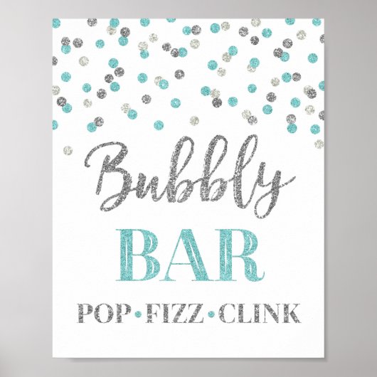 Blaue Silber-Konfetti-Bubbly-Bar-Schild Poster (Vorne)