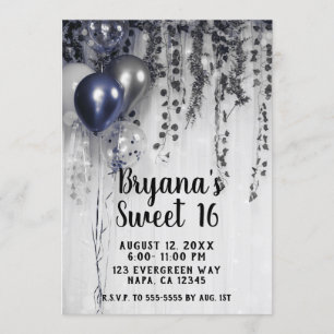Blaue Silber Metallic Ballons Efeu Weiß Sweet 16 Einladung