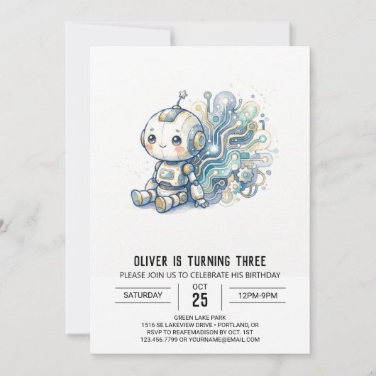 Blaue Silber-Roboter-Geburtstag Einladung (Vorderseite)