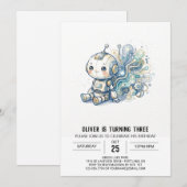 Blaue Silber-Roboter-Geburtstag Einladung (Vorne/Hinten)