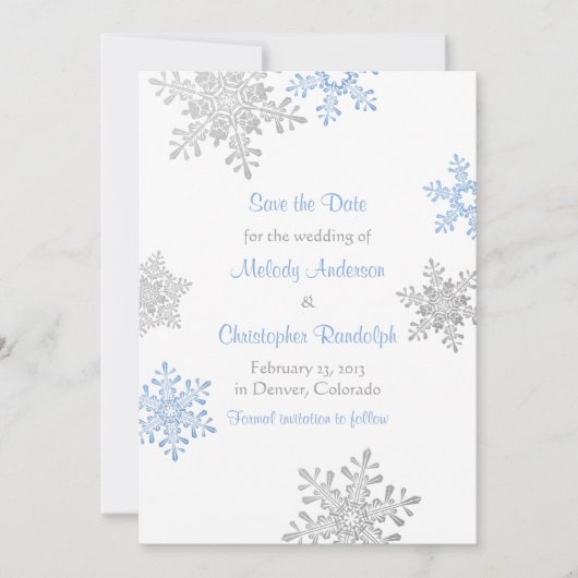 Blaue Silber-Schneeflocke Winterhochzeit Save the  Date (Vorderseite)