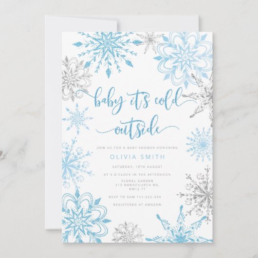 Blaue Silber-Schneeflocken-Babydusche Einladung (Vorderseite)